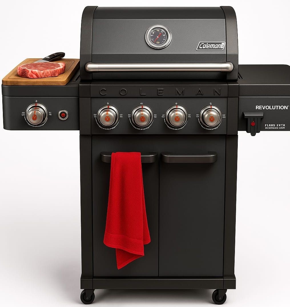 גריל גז Coleman Revolution – 4 מבערים + כירת צד, שחור מגורען, Flare-Free™ (מניעת התלקחויות)