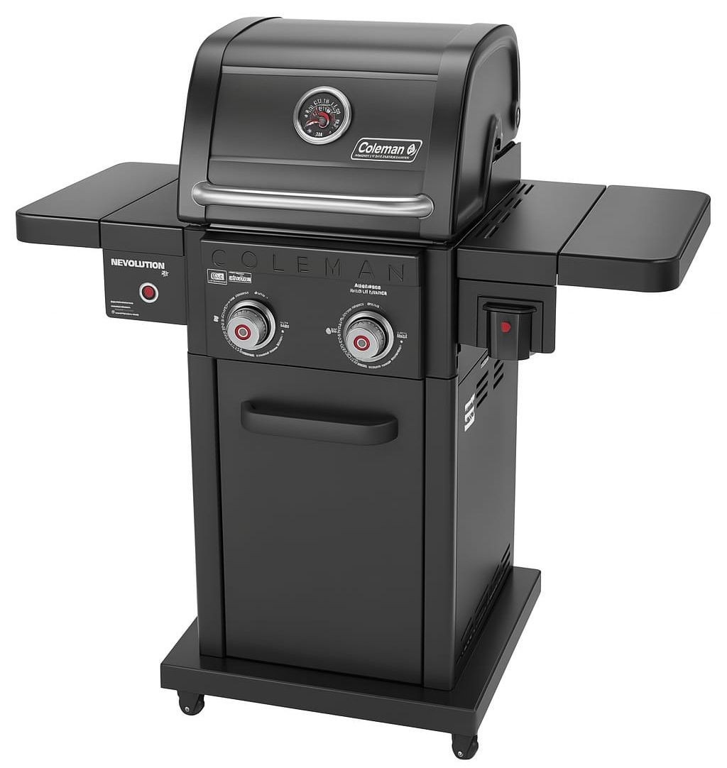 גריל גז Coleman Revolution – 2 מבערים, מדפים מתקפלים, Flare-Free™, שחור מגורען