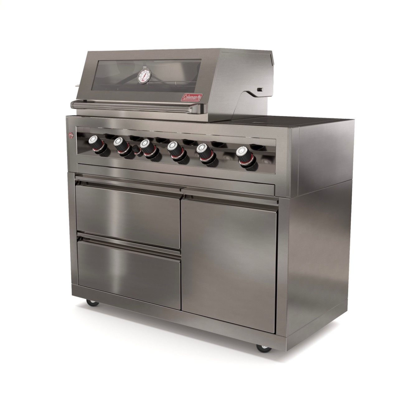 גריל גז קולמן פרמיום (Coleman) 4 מבערים + כירת גז מובנית + מבער אחורי אינפרא אדום (כולל שיפוד מסתובב חשמלי) חזיתות בצבע שחור, נירוסטה 304