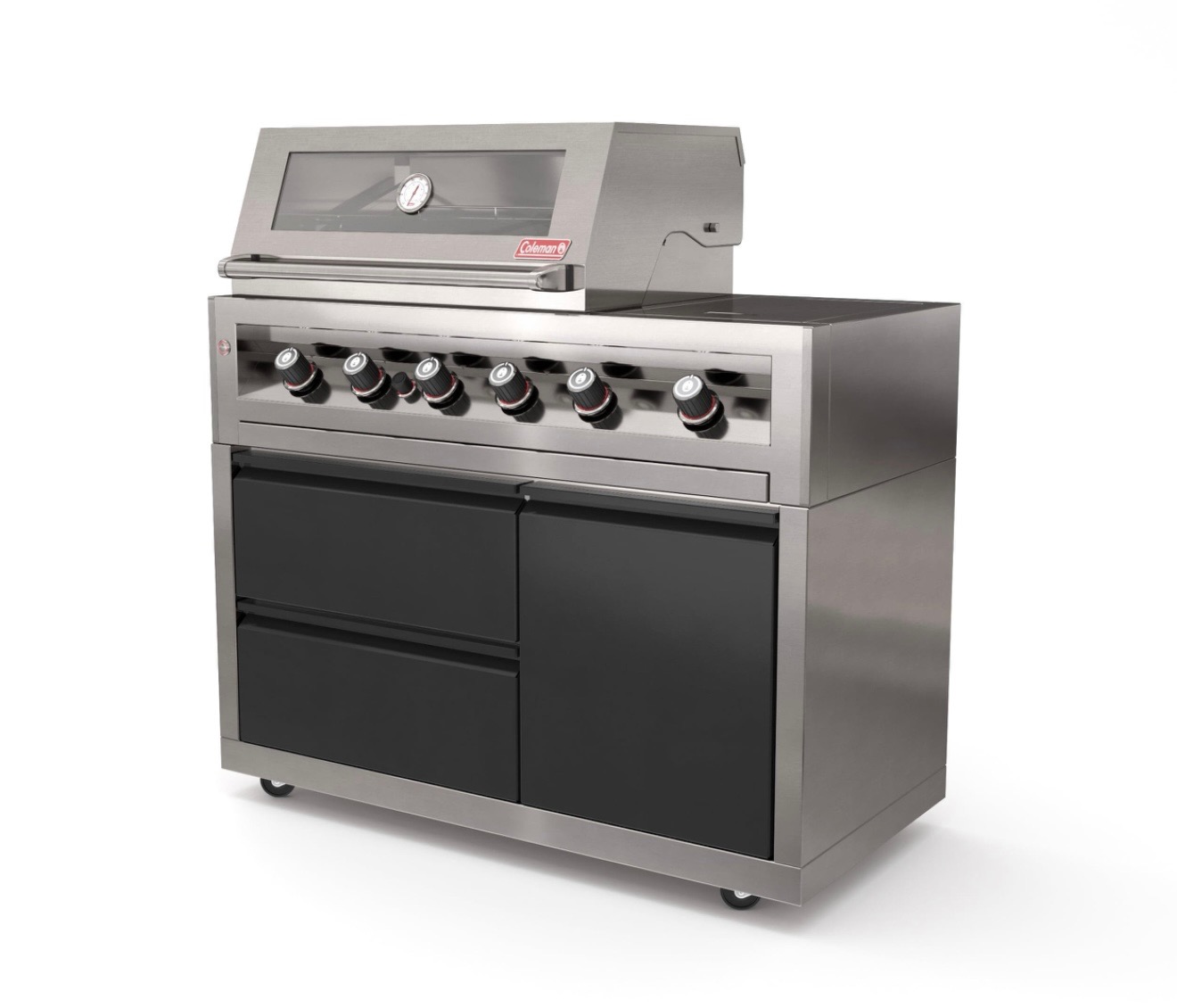 גריל גז Coleman Premium 4 מבערים + כירת צד + מבער אחורי אינפרא-אדום (רוטיסרי חשמלי) | נירוסטה 304 | חזיתות שחורות