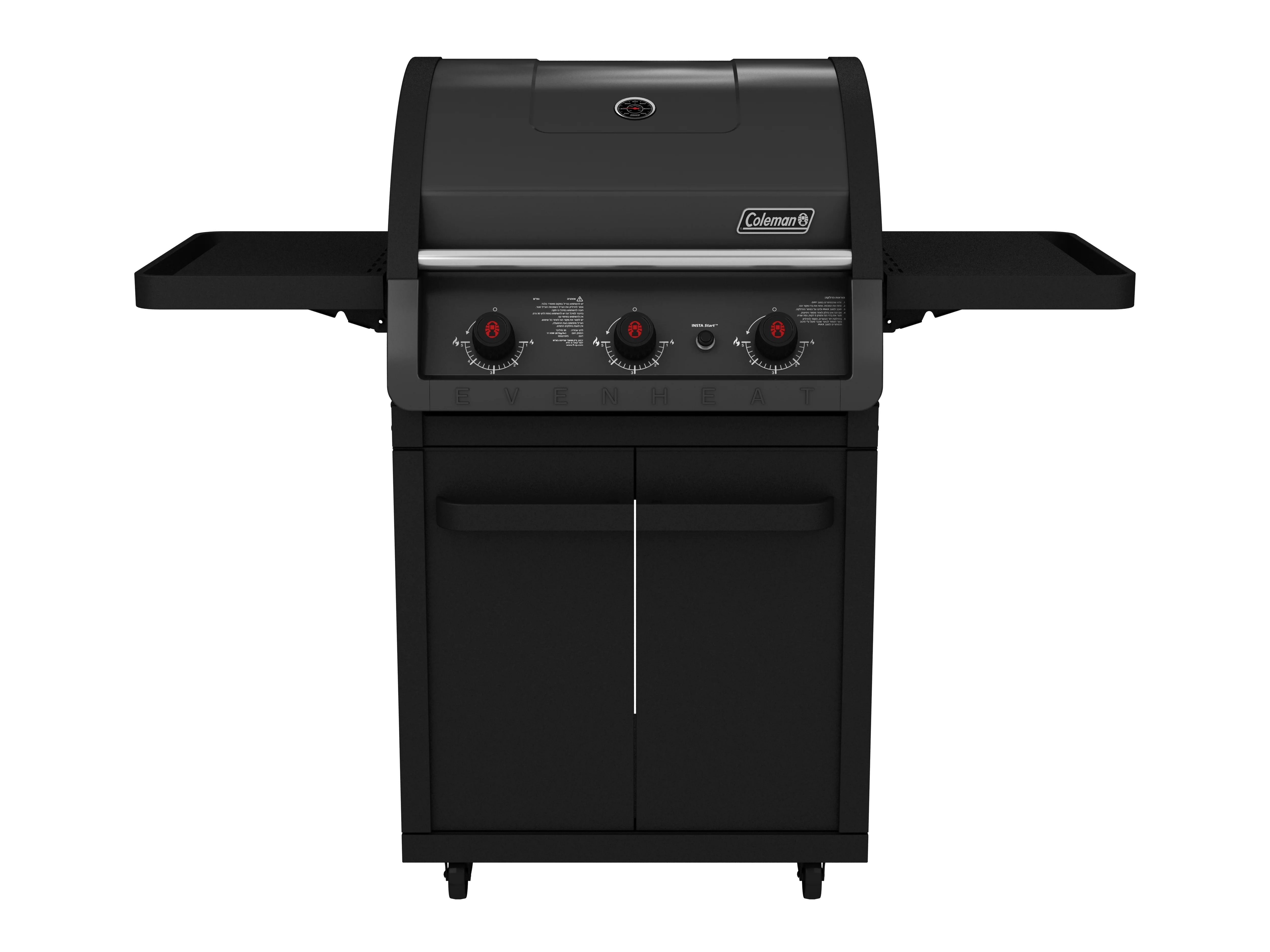 גריל גז Coleman Galaxy עם 3 מבערים בצבע שחור מגורגר ומדפים מתקפלים